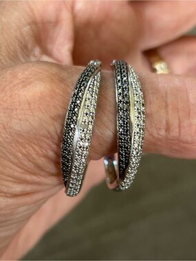 Sterling Silver Black and White Diamond Crossover Hoop Earrings 1.25”